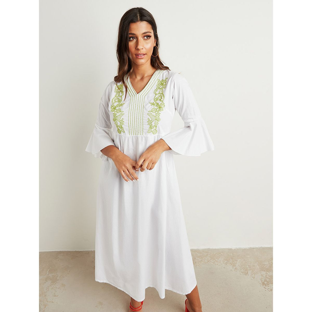 Styli Embroidered Yoke Detail Bell Sleeves A-Line Maxi Dress-women-clothing-dresses-image-1