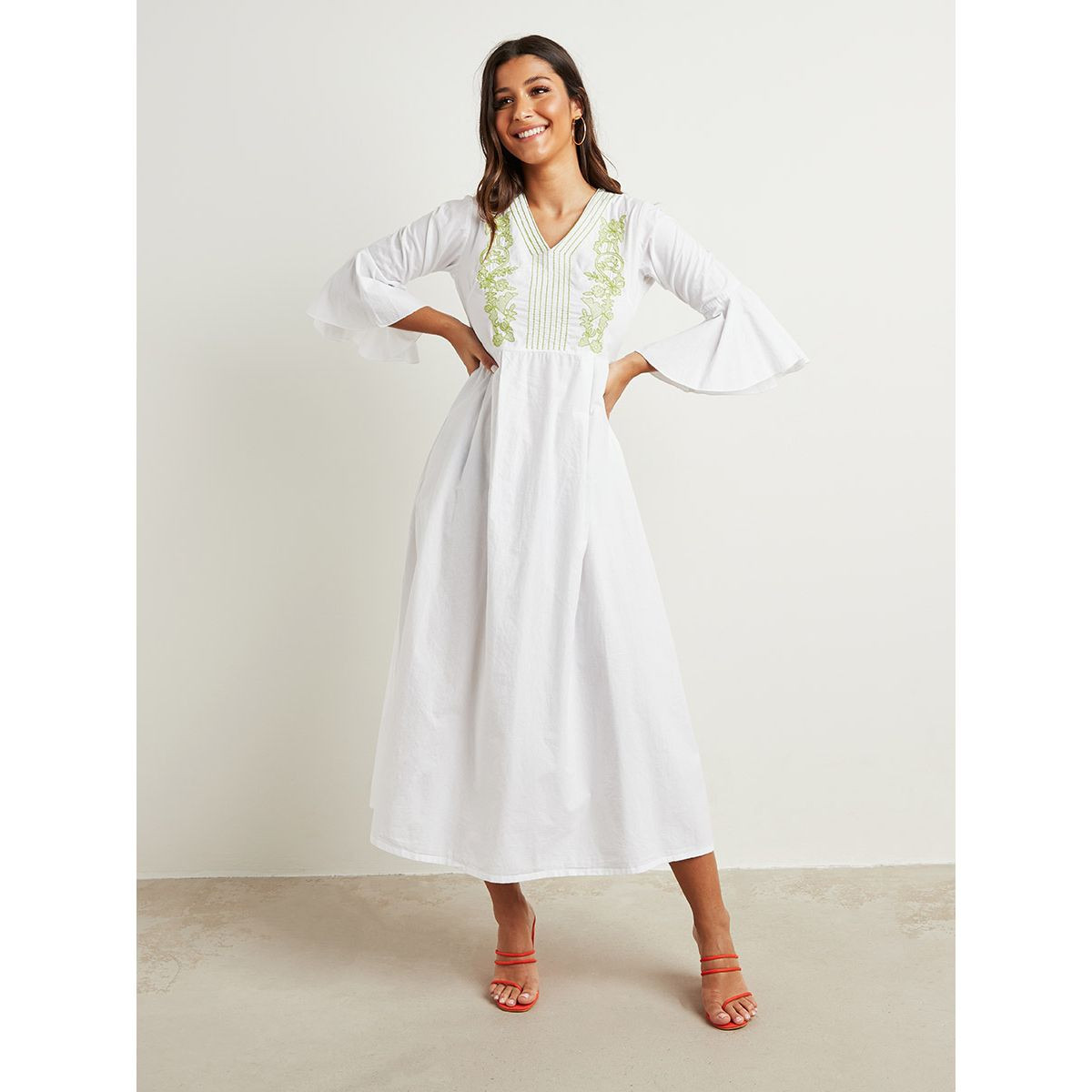 Styli Embroidered Yoke Detail Bell Sleeves A-Line Maxi Dress-women-clothing-dresses-image-2