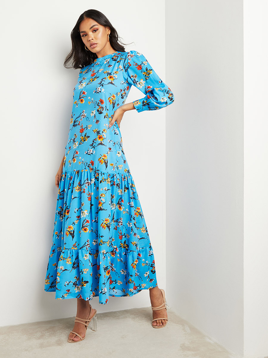 Floral Printed Drop Waist Tiered Maxi Dress with Long Sleeves-women-clothing-dresses-image-1