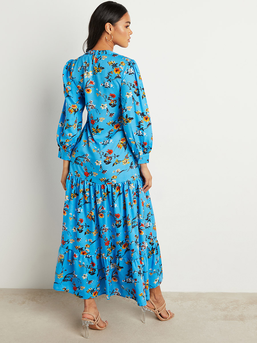 Floral Printed Drop Waist Tiered Maxi Dress with Long Sleeves-women-clothing-dresses-image-3
