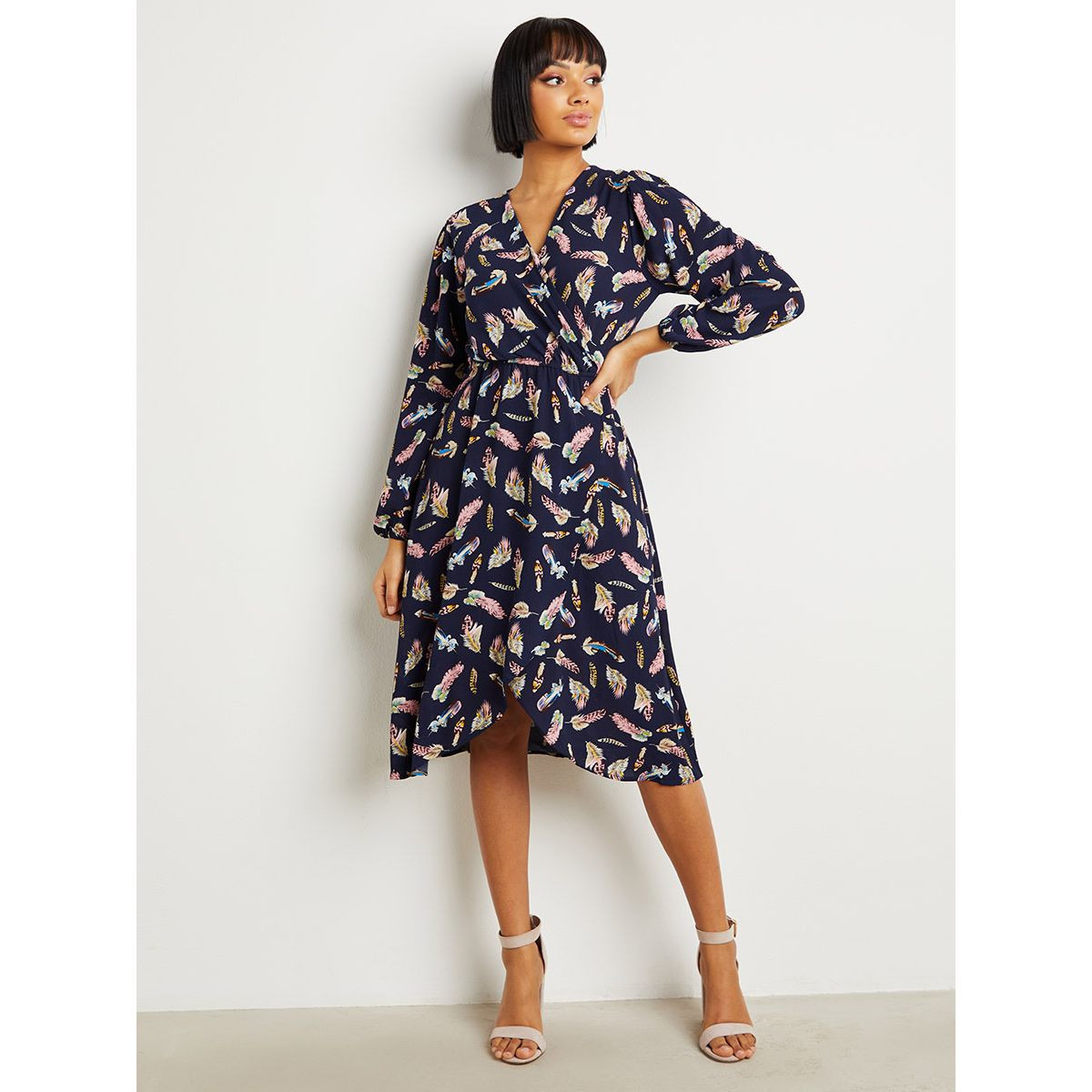 Styli Feather Print Wrap Midi Dress with Long Sleeves-women-clothing-dresses-image-1