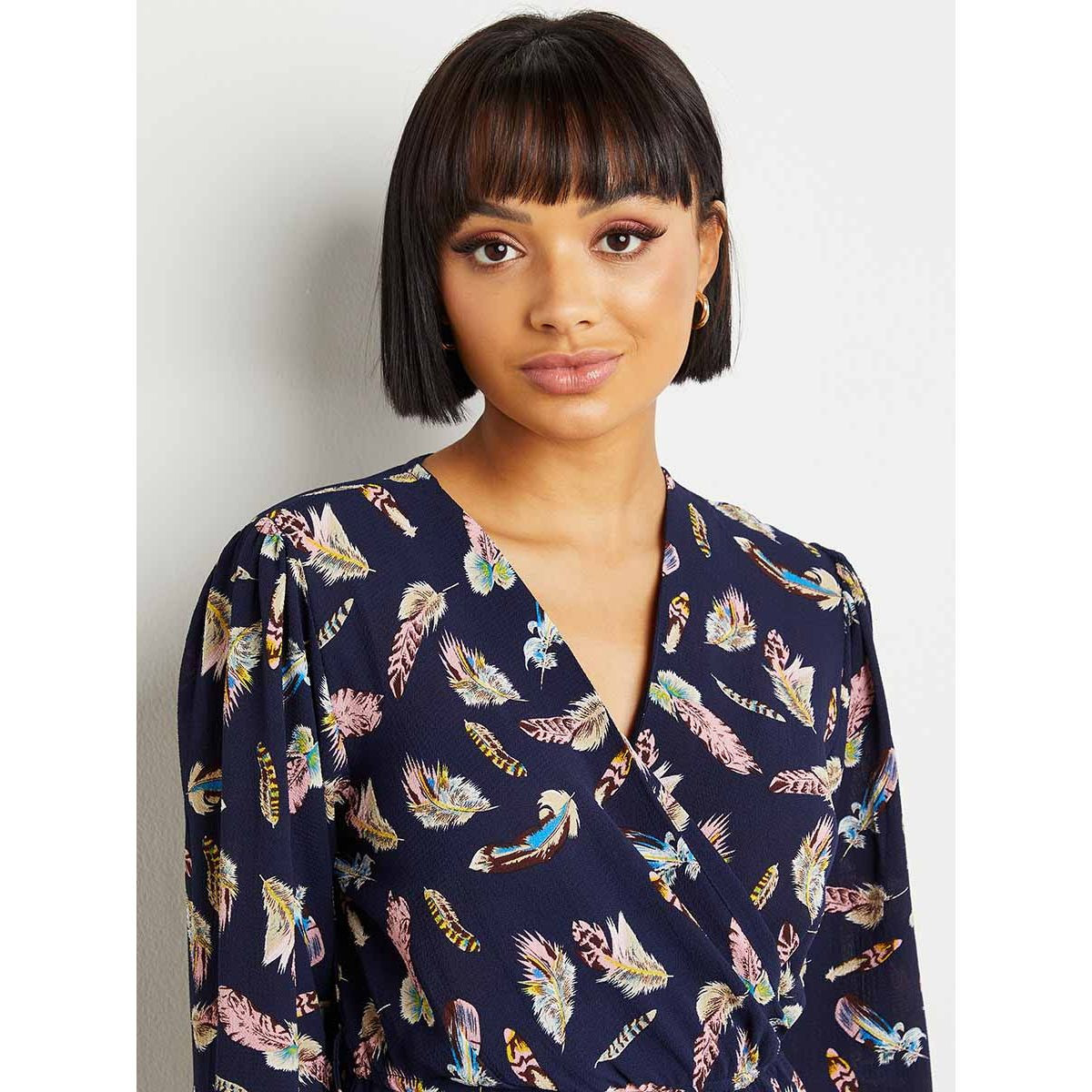 Styli Feather Print Wrap Midi Dress with Long Sleeves-women-clothing-dresses-image-2