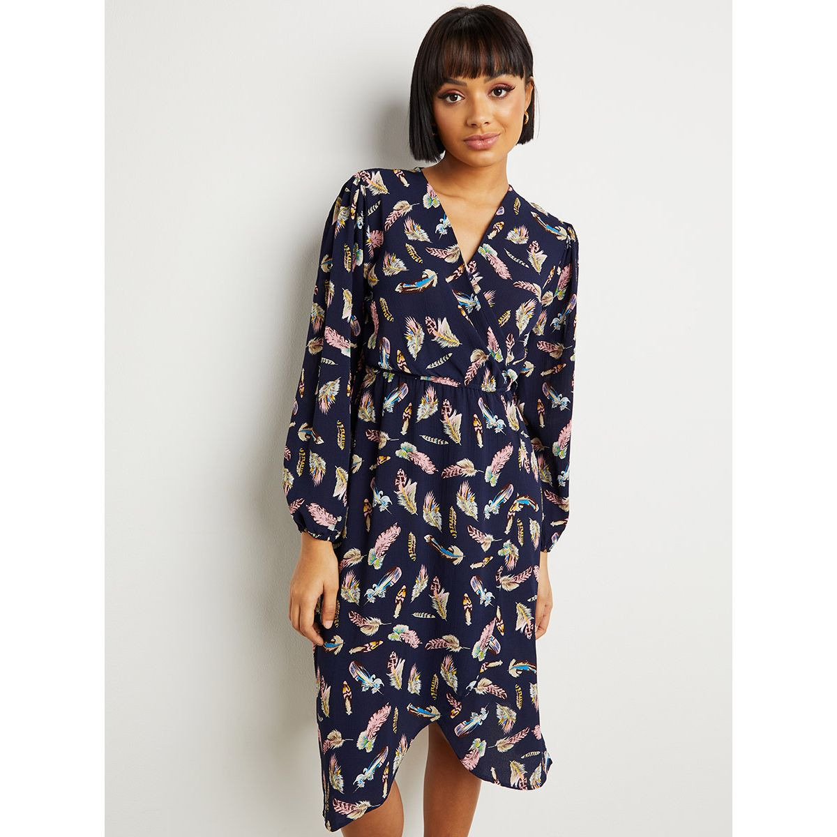 Styli Feather Print Wrap Midi Dress with Long Sleeves-women-clothing-dresses-image-5