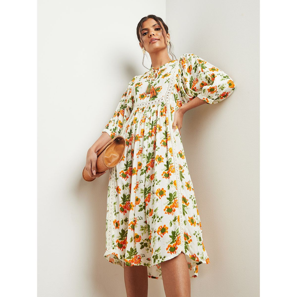 Floral Printed Boho Smock Midi Dress with Tie Up Neck-women-clothing-dresses-image-1