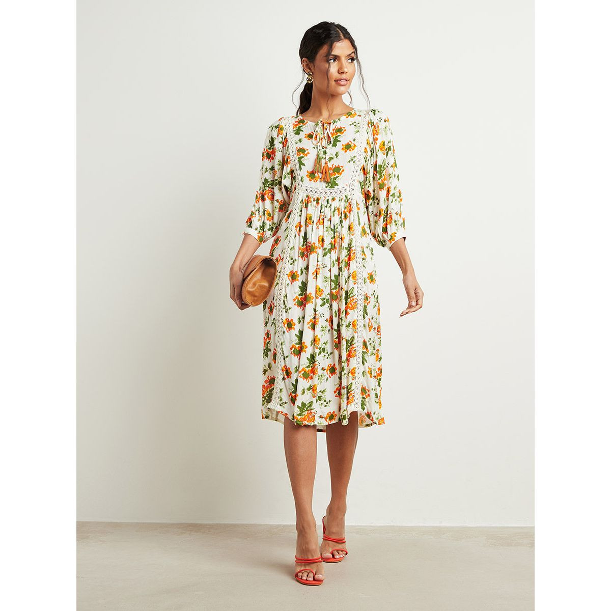 Floral Printed Boho Smock Midi Dress with Tie Up Neck-women-clothing-dresses-image-2