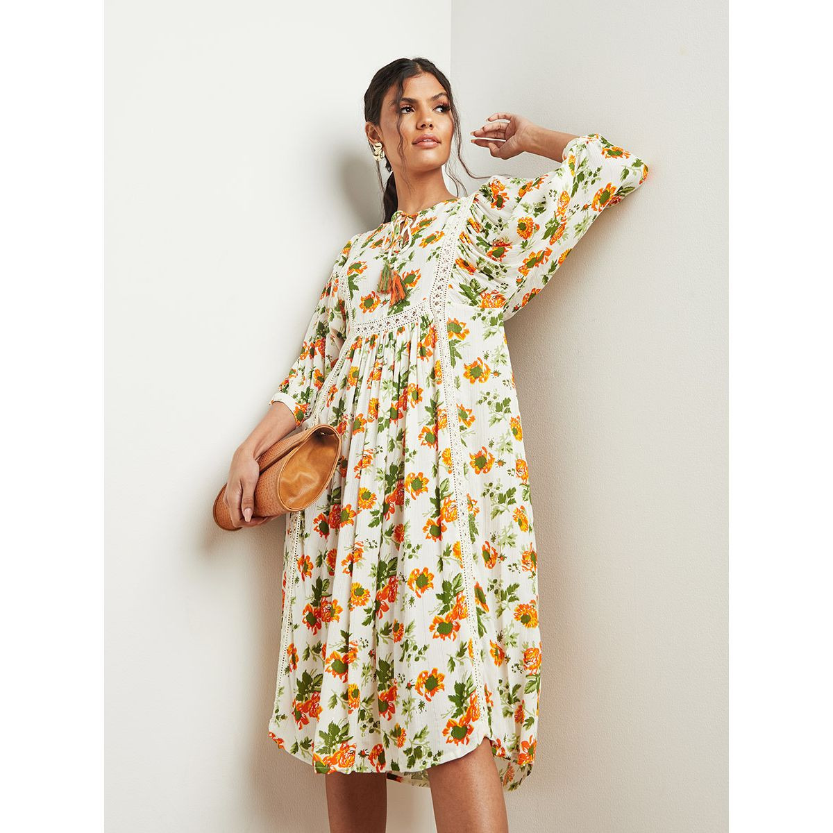 Floral Printed Boho Smock Midi Dress with Tie Up Neck-women-clothing-dresses-image-3