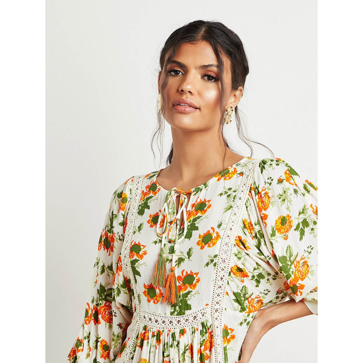 Floral Printed Boho Smock Midi Dress with Tie Up Neck-women-clothing-dresses-image-4