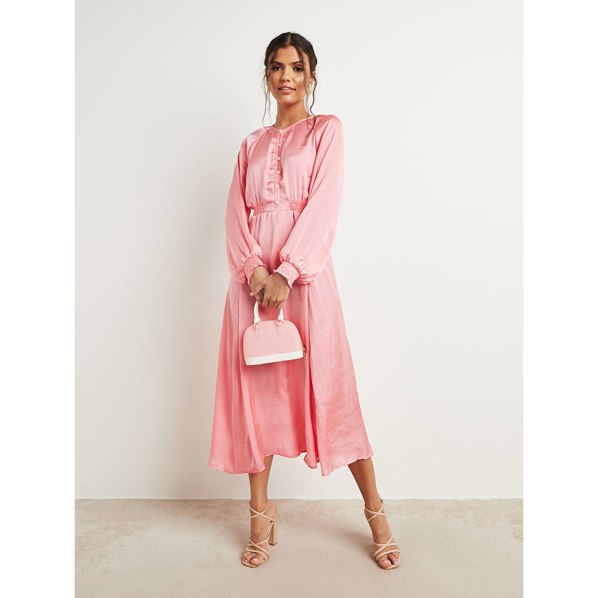 Button Detail Plain A-Line Midi Dress with Cuffed Long Sleeves-women-clothing-dresses-image-1