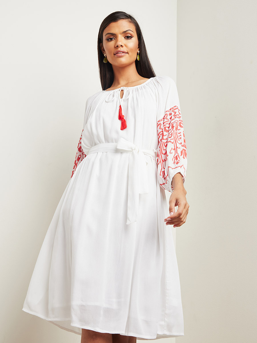 Embroidered Sleeves Detail Midi Dress with Tie-Up Neck-women-clothing-dresses-image-1
