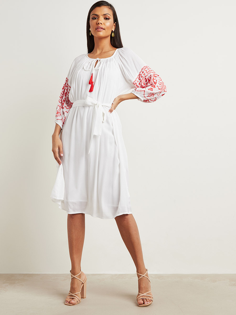 Embroidered Sleeves Detail Midi Dress with Tie-Up Neck-women-clothing-dresses-image-2