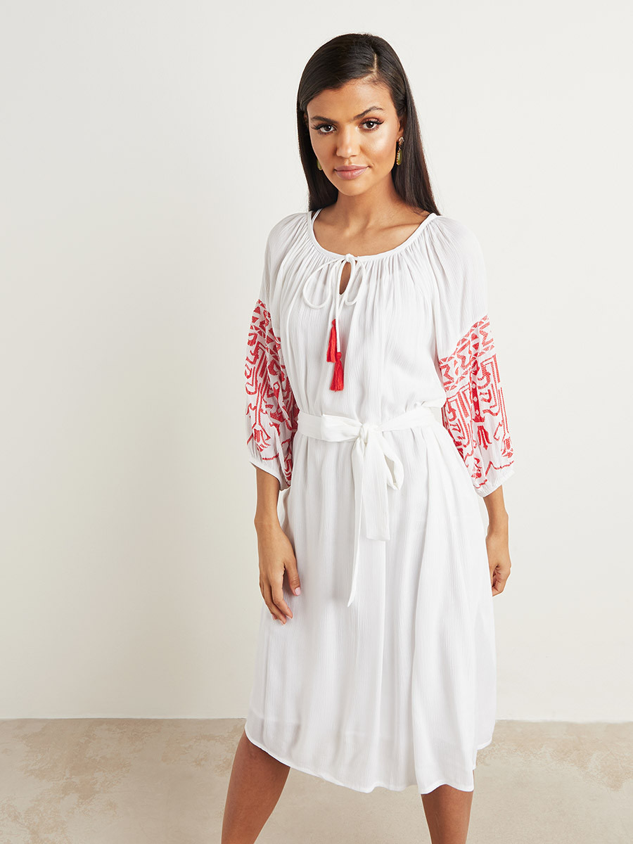 Embroidered Sleeves Detail Midi Dress with Tie-Up Neck-women-clothing-dresses-image-3