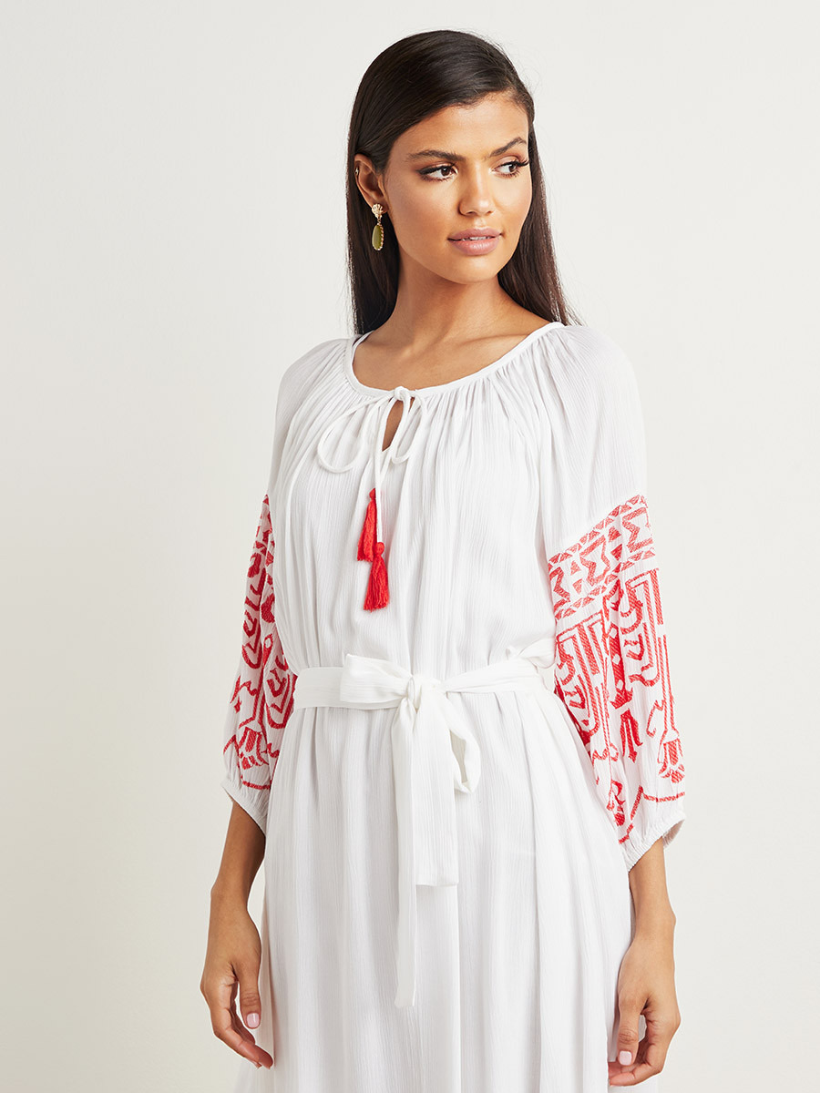 Embroidered Sleeves Detail Midi Dress with Tie-Up Neck-women-clothing-dresses-image-4