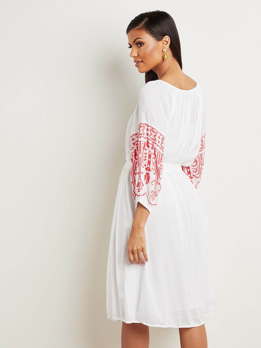 Embroidered Sleeves Detail Midi Dress with Tie-Up Neck-women-clothing-dresses-image-5