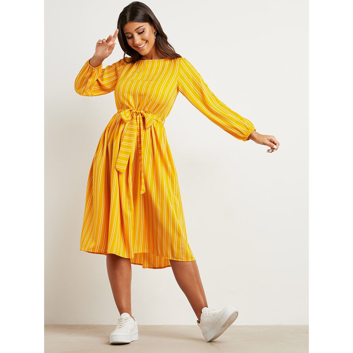 فستان ميدي مخطط بربطة خصر-women-clothing-dresses-image-2