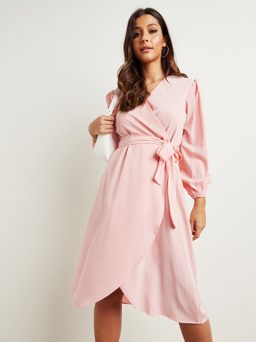 فستان ميدي بأكمام طويلة وربطة خصر-women-clothing-dresses-image-1