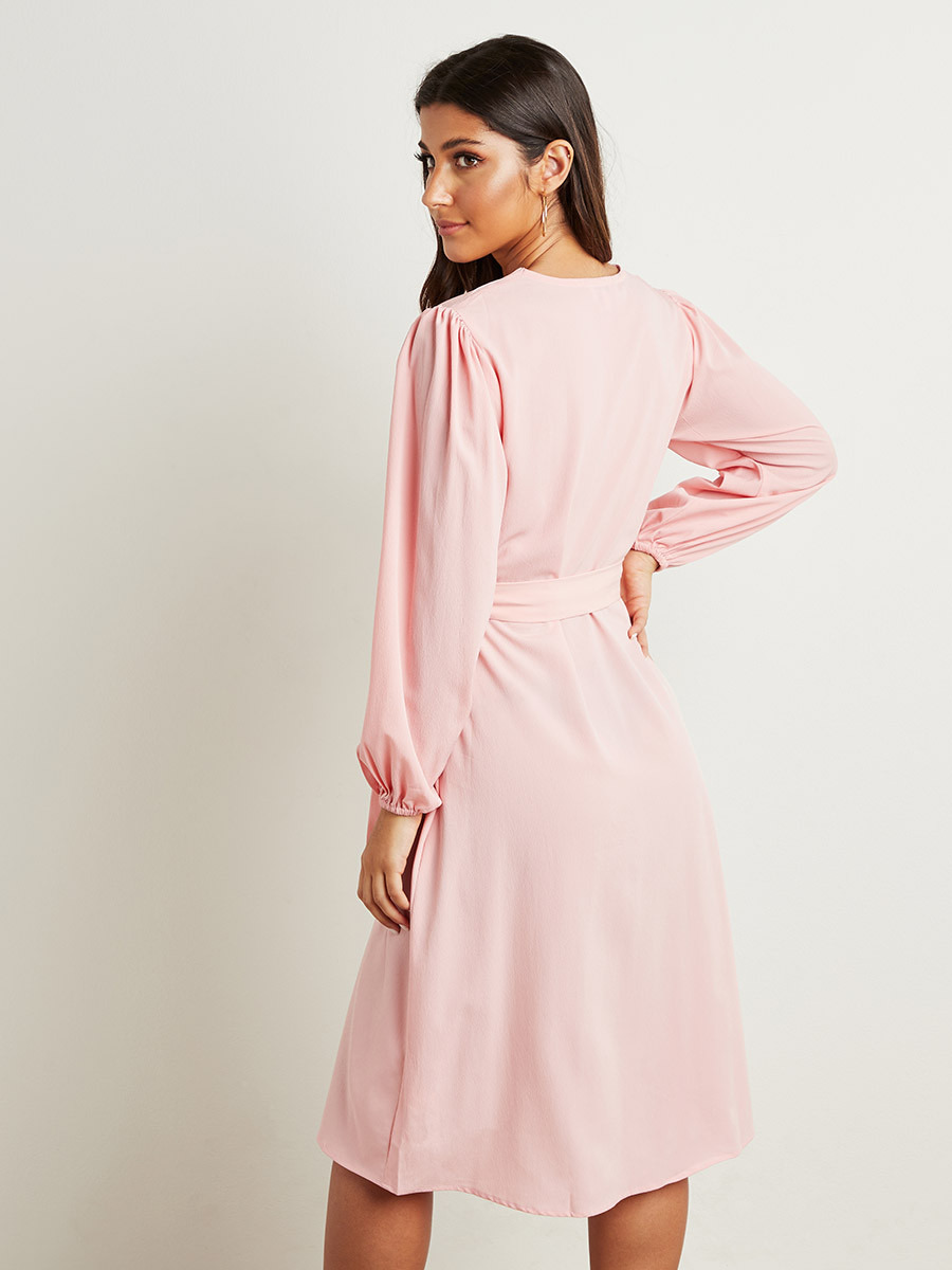 Wrap Around Long Sleeves Midi Dress with Tie Waist-women-clothing-dresses-image-4
