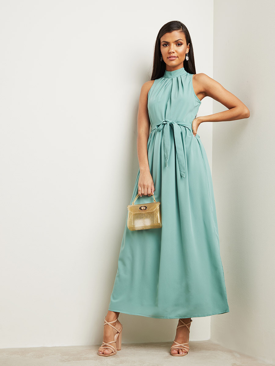Styli Solid High Neck Maxi Dress with Self Tie Belt-women-clothing-dresses-image-1