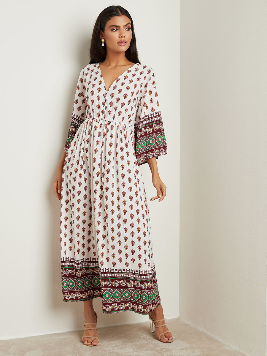 Styli Fleur De Lis Boarder Printed Boho Maxi Dress with 3/4 Sleeves-women-clothing-dresses-image-1