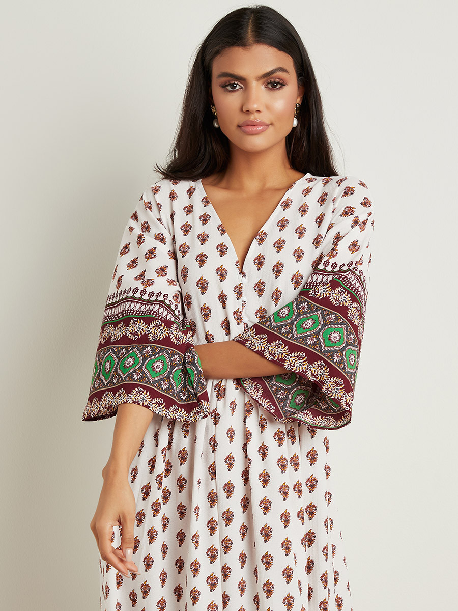 Styli Fleur De Lis Boarder Printed Boho Maxi Dress with 3/4 Sleeves-women-clothing-dresses-image-2