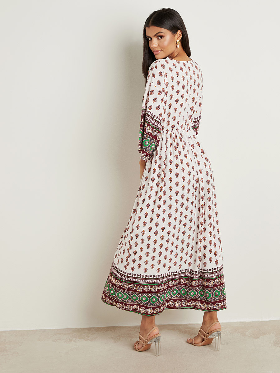 Styli Fleur De Lis Boarder Printed Boho Maxi Dress with 3/4 Sleeves-women-clothing-dresses-image-3