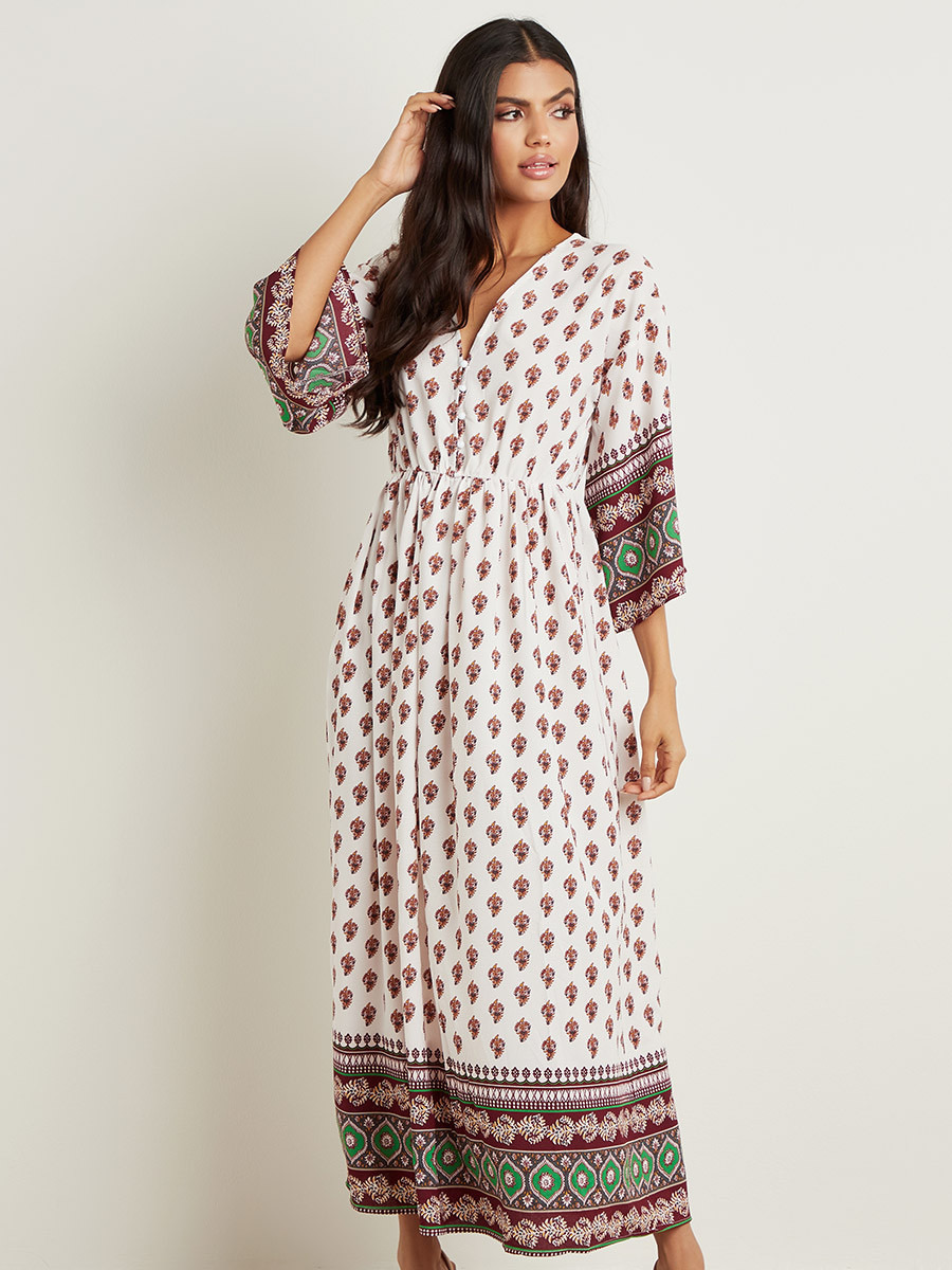 Styli Fleur De Lis Boarder Printed Boho Maxi Dress with 3/4 Sleeves-women-clothing-dresses-image-4