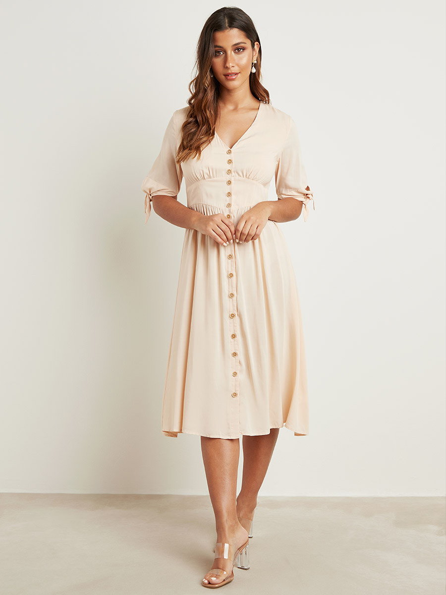 Styli Button Front Closure A-Line Midi Dress with Tie-Cuff Sleeves-women-clothing-dresses-image-1