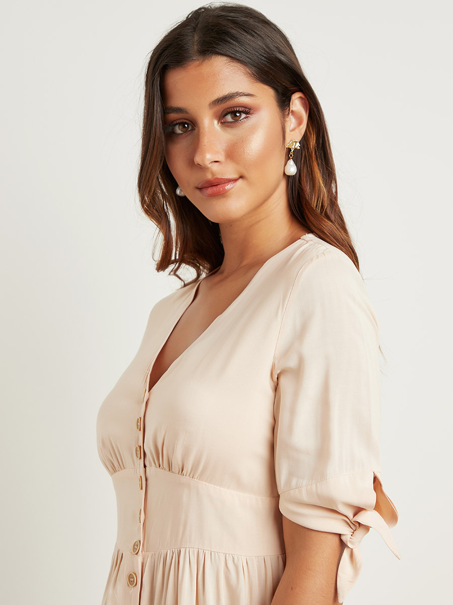 Styli Button Front Closure A-Line Midi Dress with Tie-Cuff Sleeves-women-clothing-dresses-image-2