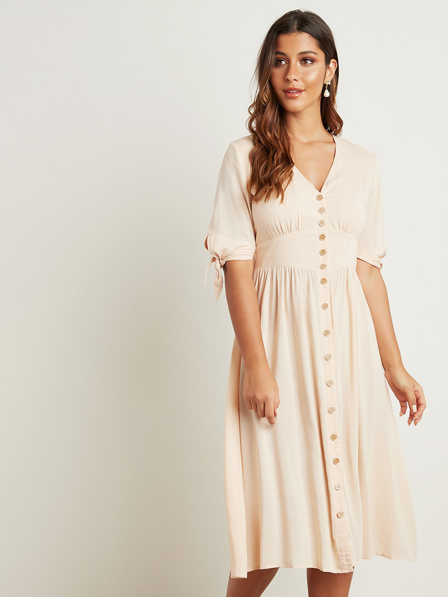 Styli Button Front Closure A-Line Midi Dress with Tie-Cuff Sleeves-women-clothing-dresses-image-4