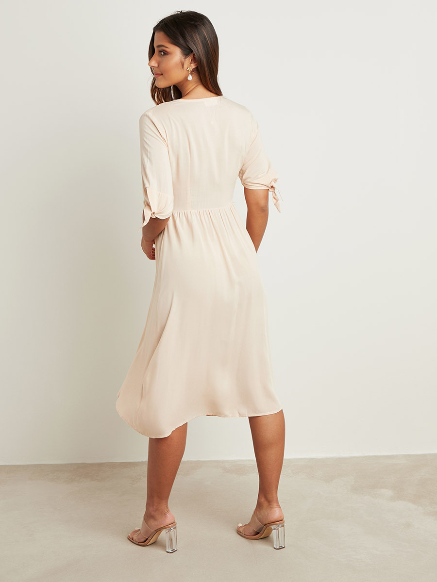 Styli Button Front Closure A-Line Midi Dress with Tie-Cuff Sleeves-women-clothing-dresses-image-5