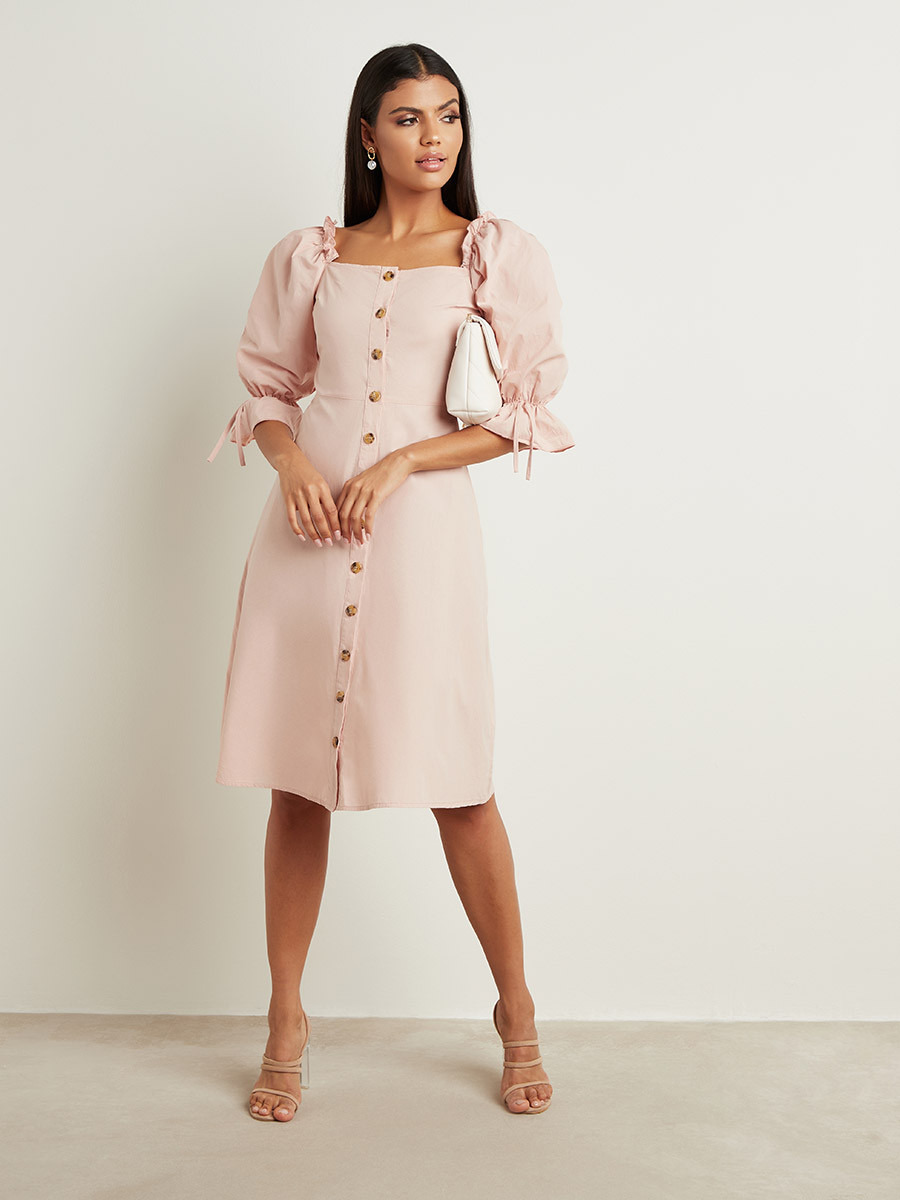 Styli Button Detail Square Neck Puff Sleeve Midi Dress-women-clothing-dresses-image-1