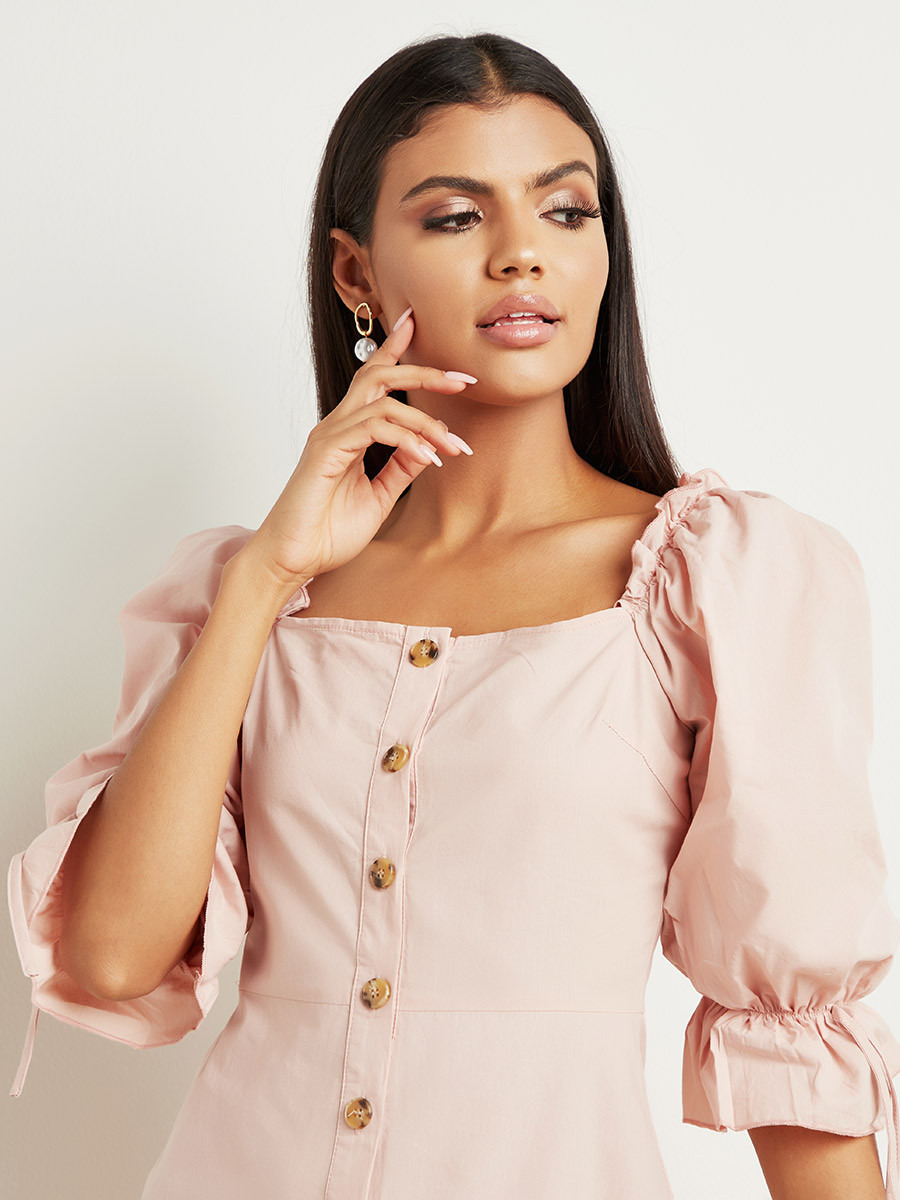 Styli Button Detail Square Neck Puff Sleeve Midi Dress-women-clothing-dresses-image-2
