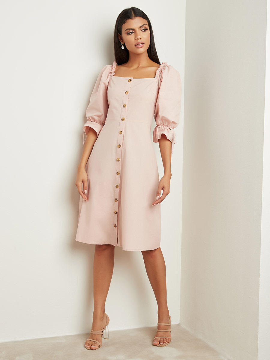 Styli Button Detail Square Neck Puff Sleeve Midi Dress-women-clothing-dresses-image-4