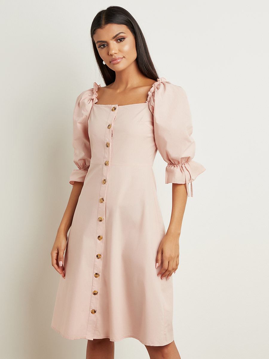 Styli Button Detail Square Neck Puff Sleeve Midi Dress-women-clothing-dresses-image-5