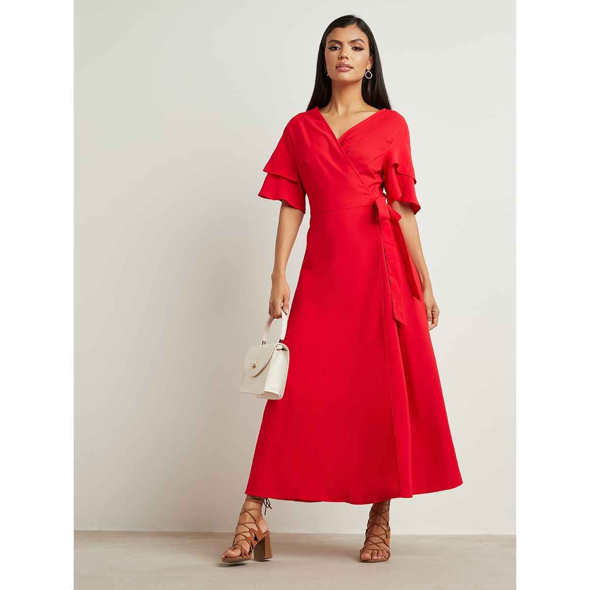 Styli Solid Double Frill Sleeves Wrap Around Maxi Dress-women-clothing-dresses-image-1