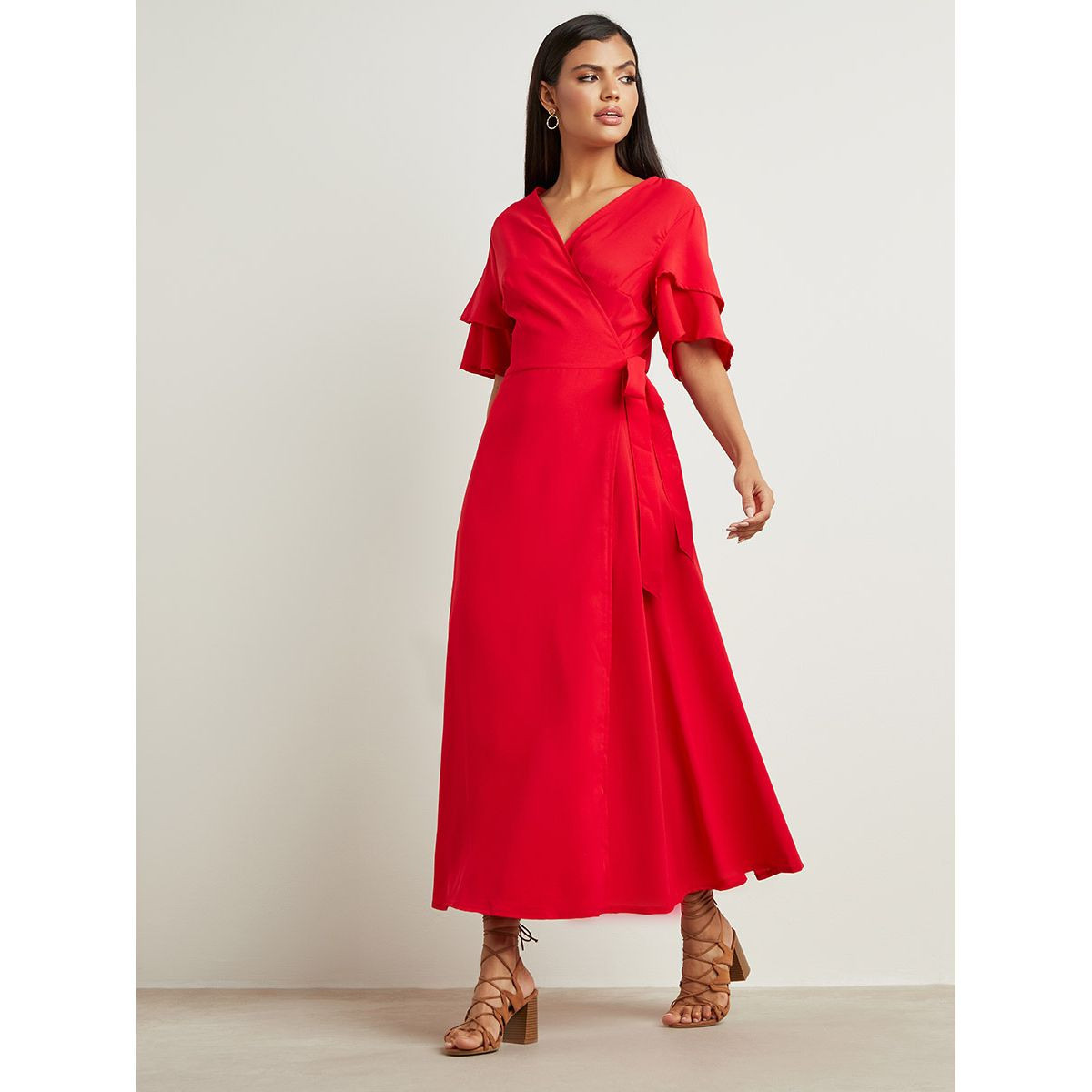 Styli Solid Double Frill Sleeves Wrap Around Maxi Dress-women-clothing-dresses-image-5