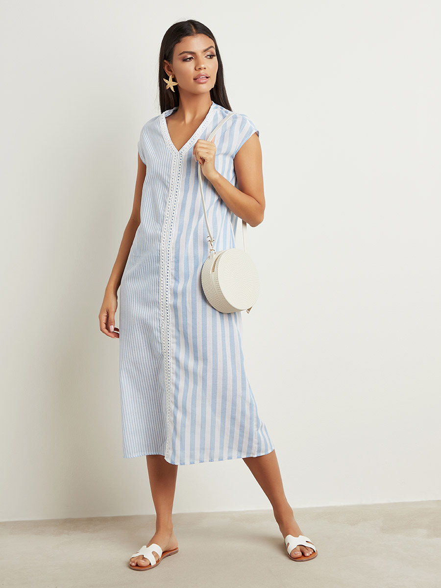 Styli Striped V Neck Midi A-line Dress With Short Sleeves-women-clothing-dresses-image-1