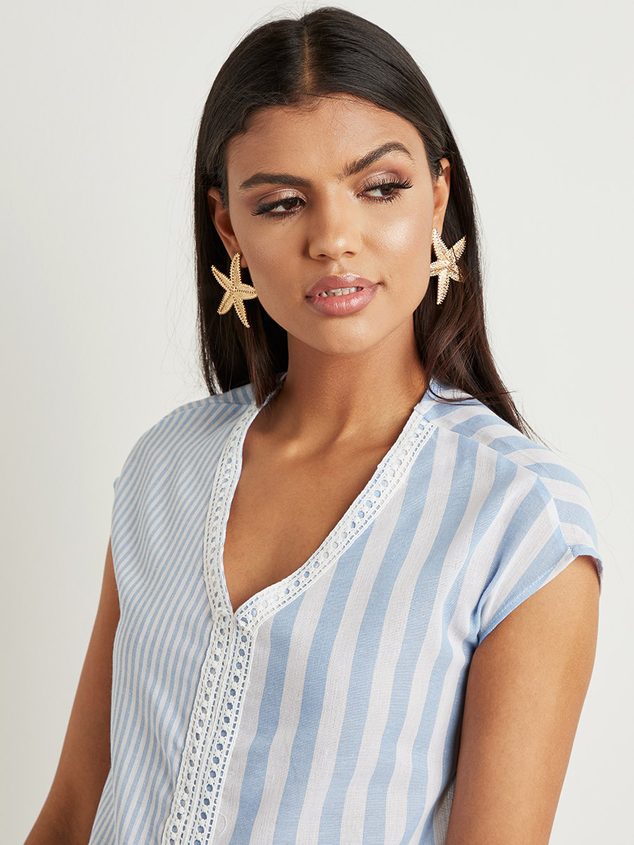Styli Striped V Neck Midi A-line Dress With Short Sleeves-women-clothing-dresses-image-2