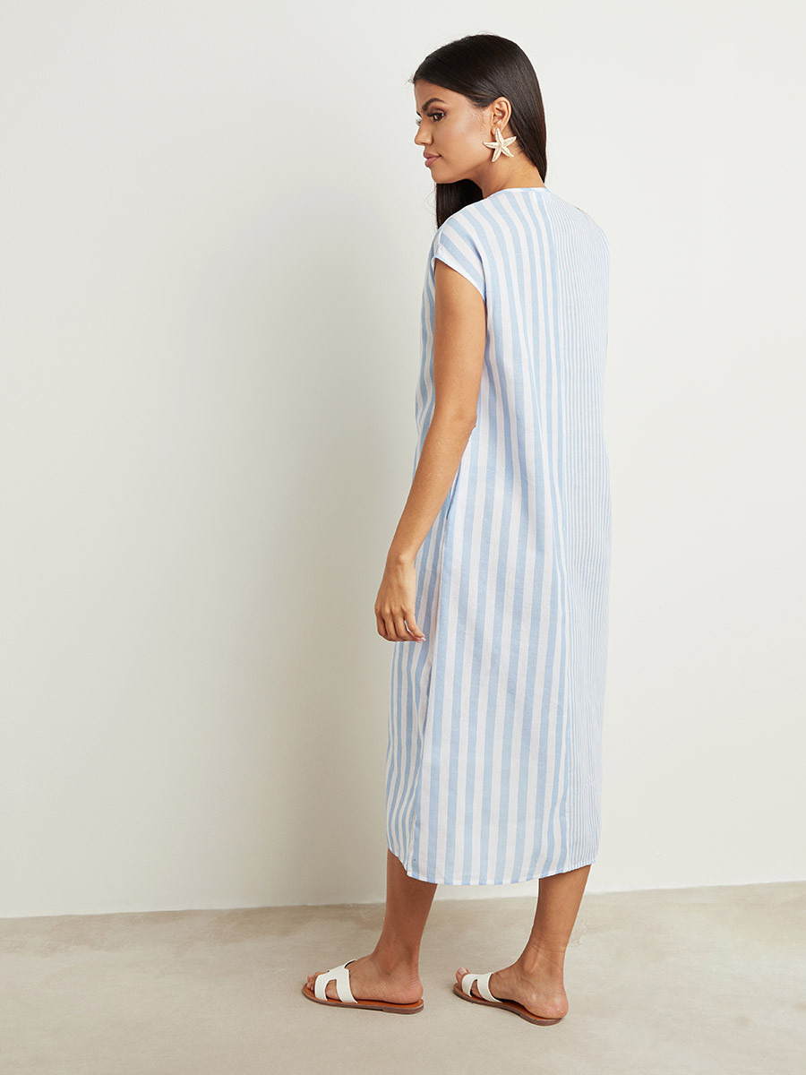 Styli Striped V Neck Midi A-line Dress With Short Sleeves-women-clothing-dresses-image-3