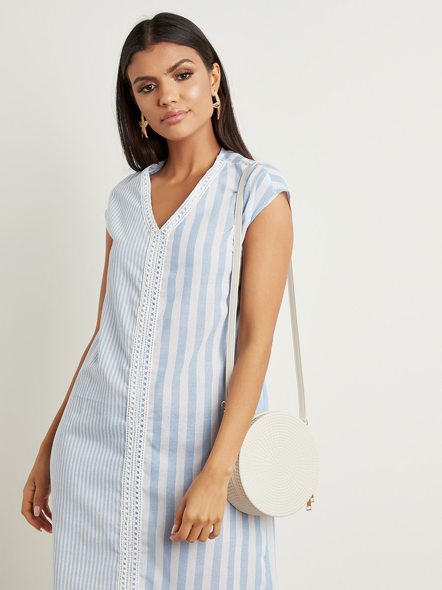 Styli Striped V Neck Midi A-line Dress With Short Sleeves-women-clothing-dresses-image-4
