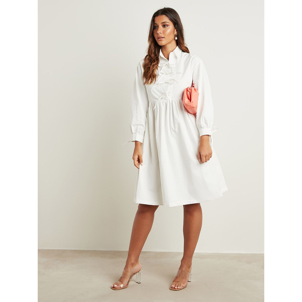 فستان ميدي بأكمام طويلة وربطة أمامية من ستايلي-women-clothing-dresses-image-1