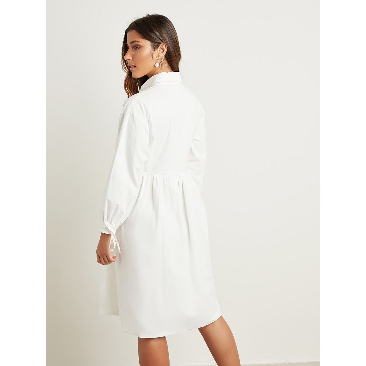 Styli Plain Long Sleeves A-Line Midi Shirt Dress with Tie-Up Front-women-clothing-dresses-image-3
