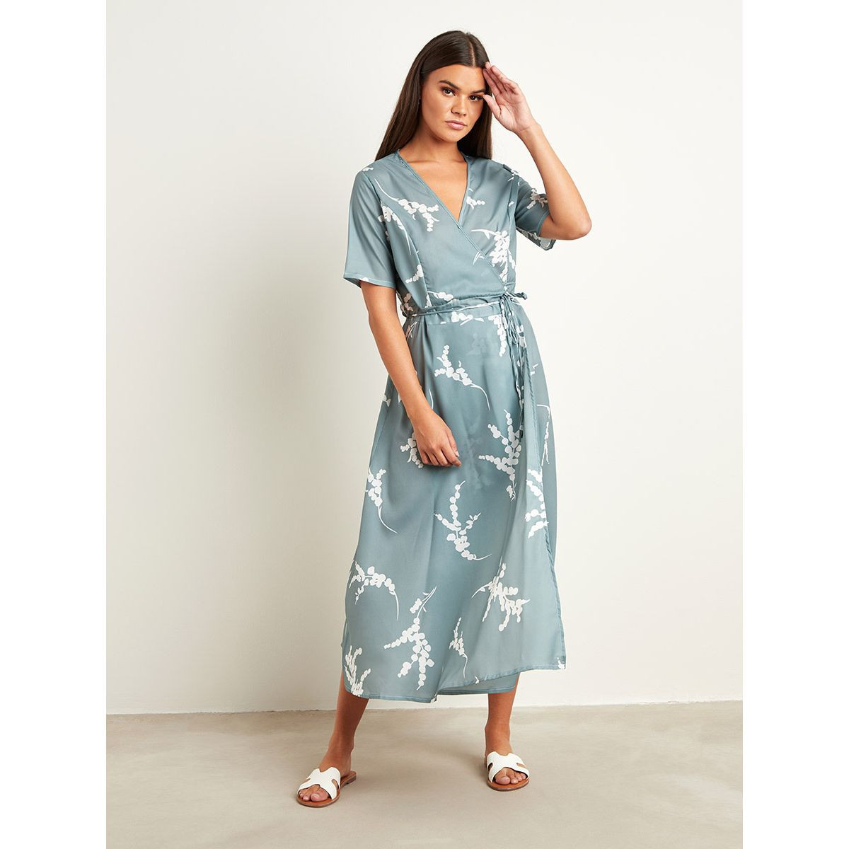 Styli Floral Printed Wrap Around Midi Dress with Tie-Waist Closure-women-clothing-dresses-image-2