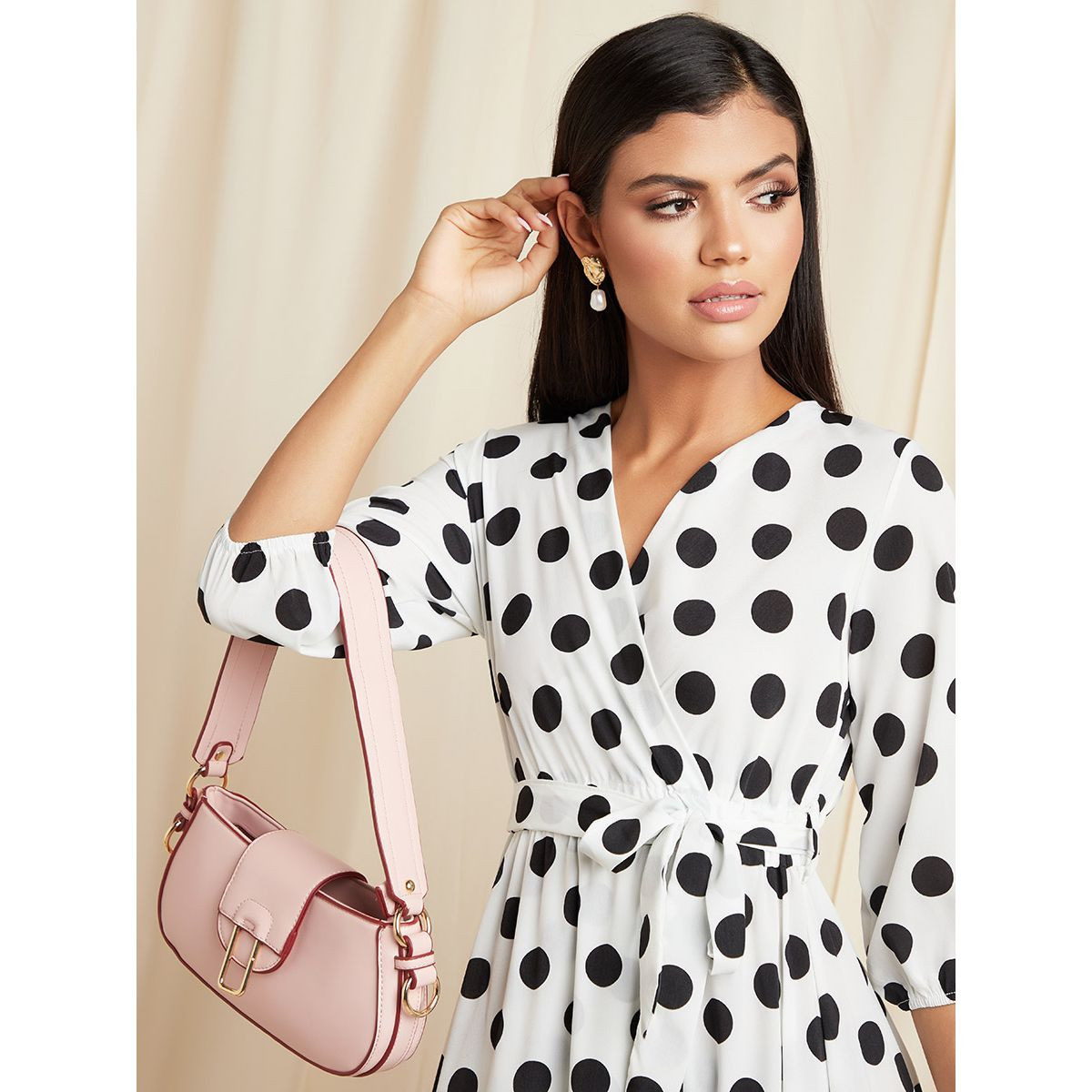 Styli Polka Dot Printed Wrap Front Midi Dress with 3/4 Sleeves-women-clothing-dresses-image-2