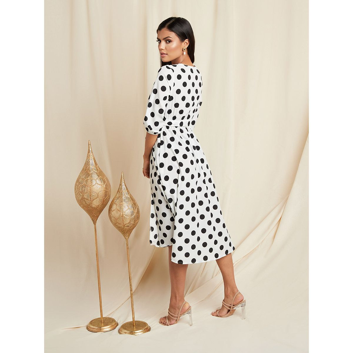 Styli Polka Dot Printed Wrap Front Midi Dress with 3/4 Sleeves-women-clothing-dresses-image-4