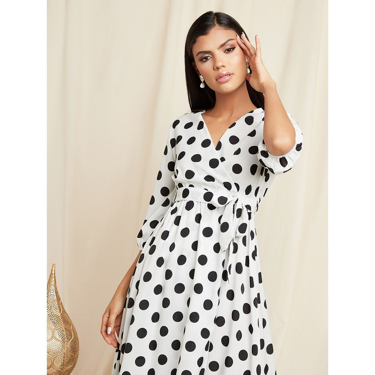 Styli Polka Dot Printed Wrap Front Midi Dress with 3/4 Sleeves-women-clothing-dresses-image-5