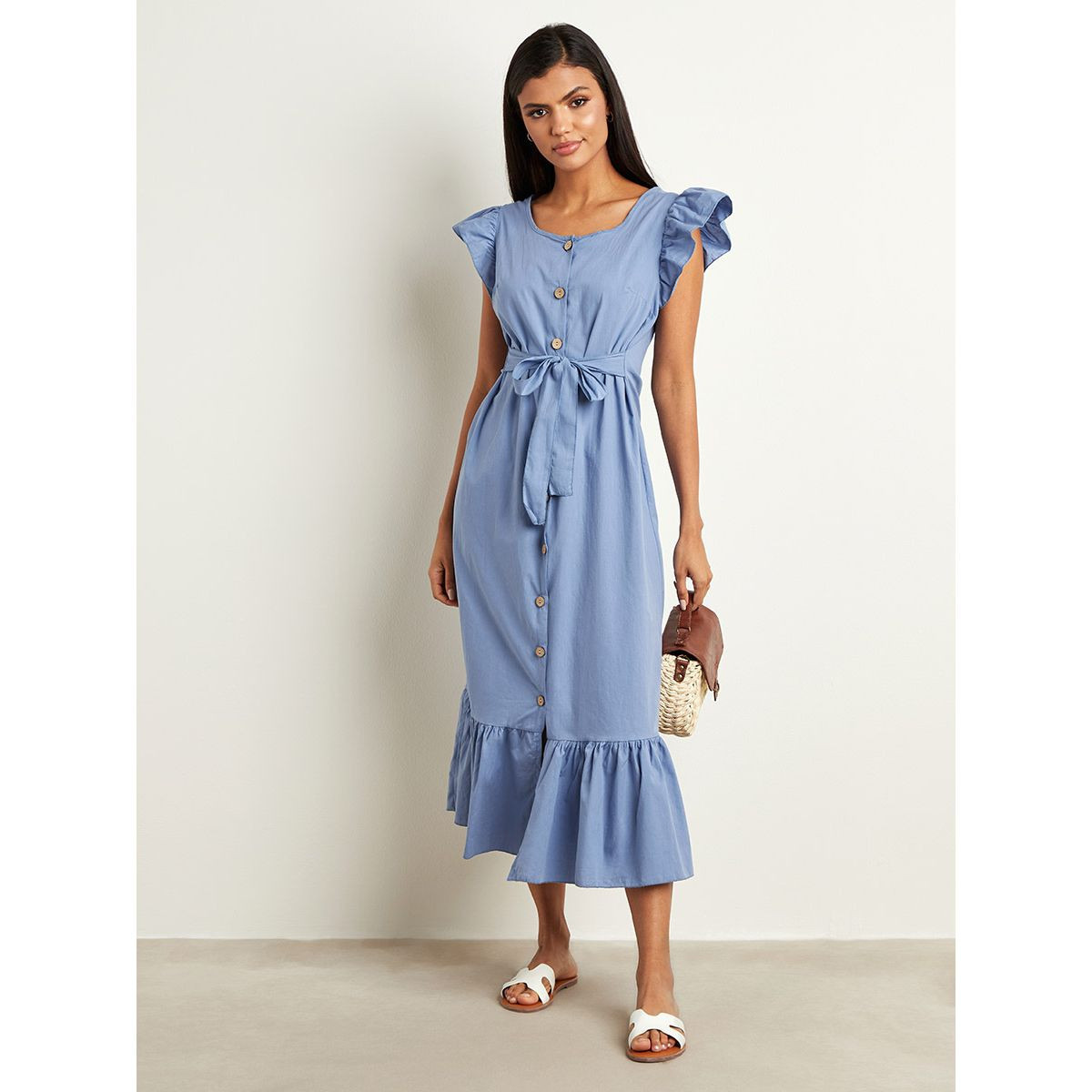 فستان ميدي بأزرار وأكمام كشكش من ستايلي-women-clothing-dresses-image-1