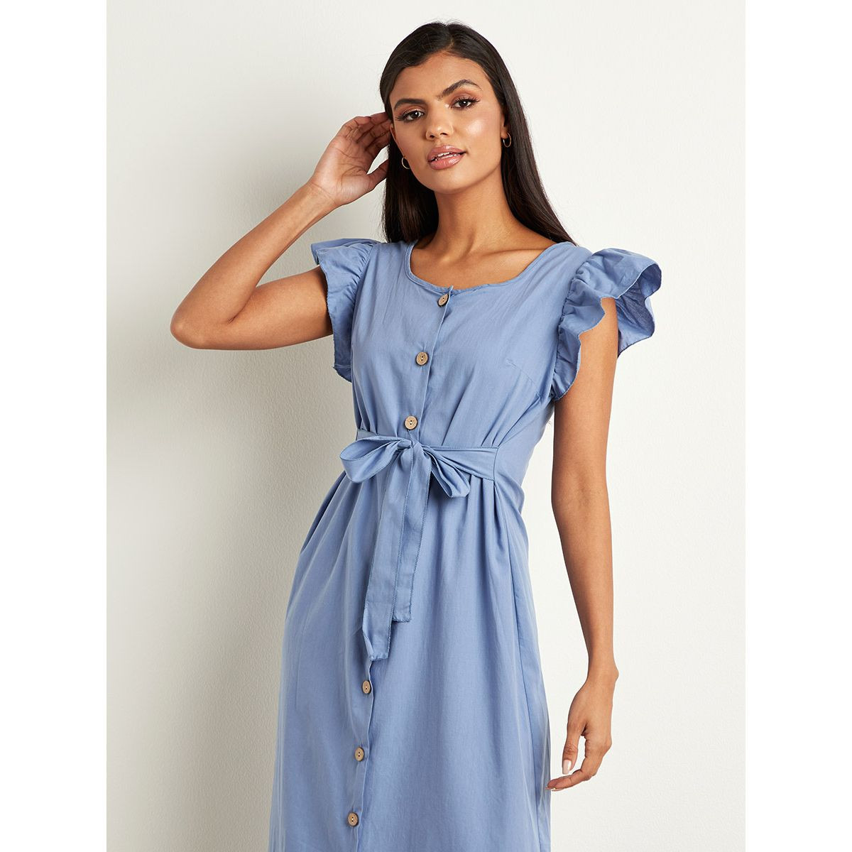 فستان ميدي بأزرار وأكمام كشكش من ستايلي-women-clothing-dresses-image-2