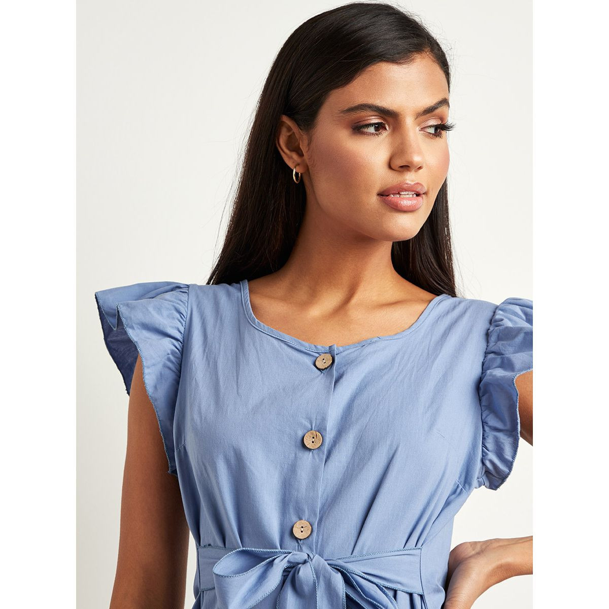 فستان ميدي بأزرار وأكمام كشكش من ستايلي-women-clothing-dresses-image-3