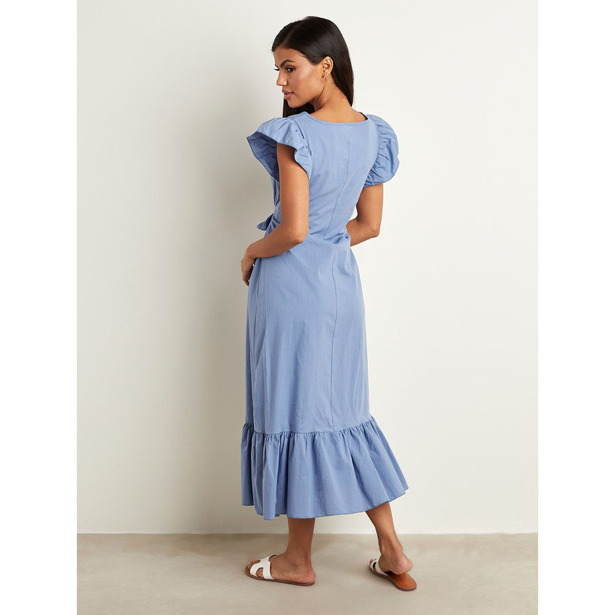 فستان ميدي بأزرار وأكمام كشكش من ستايلي-women-clothing-dresses-image-4