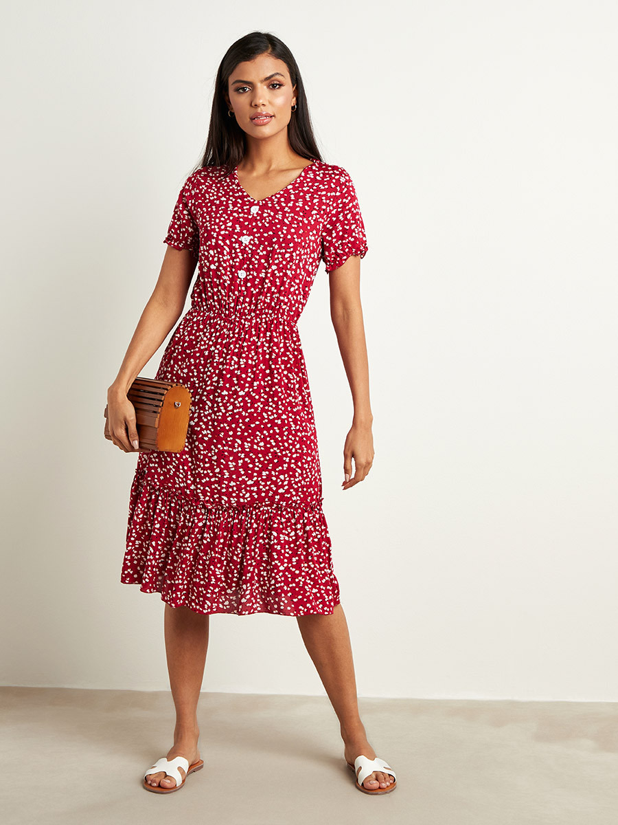 فستان ميدي مطبوع بزهور وأكمام قصييرة من ستايلي-women-clothing-dresses-image-1